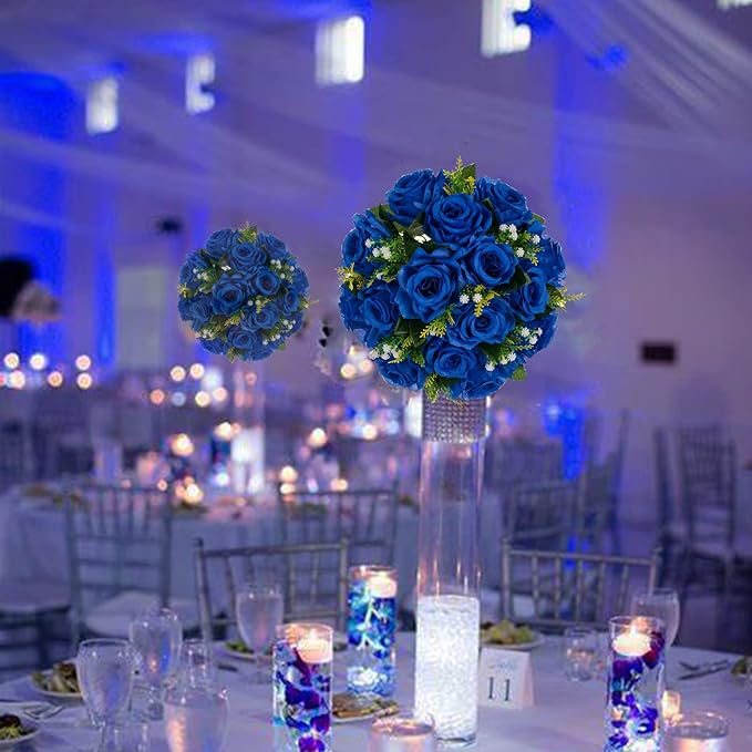 BLOSMON Royal Blue Flowers for Decoration: 10 Pcs Fake Roses Kissing Balls for Wedding Table Centerpieces - Artificial Floral Arrangements Home Baby Shower Birthday Party DIY Decor