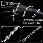 2 Yard Pearl Trim Chain Rhinestone Silver String Crystal Applique Fringe Ribbon Strips Beads Sewing Dress DIY Party Wedding Bouquet for Decoration Bridal Costume Embellishment