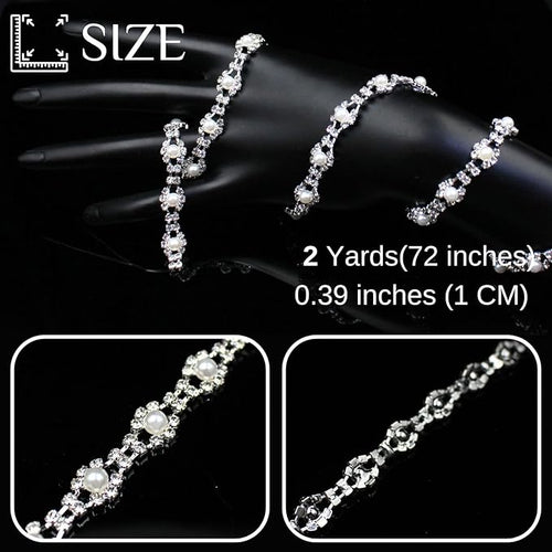 2 Yard Pearl Trim Chain Rhinestone Silver String Crystal Applique Fringe Ribbon Strips Beads Sewing Dress DIY Party Wedding Bouquet for Decoration Bridal Costume Embellishment