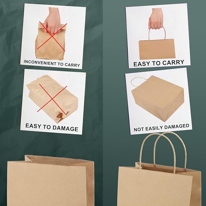METRONIC Paper Gift Bags 8x4.25x10.5 100Pcs Brown Paper Bags with Handles Bulk, Kraft Paper Bag for Small Business, Birthday Wedding Party Favor, Christmas, Retail shopping Bag, Made in USA