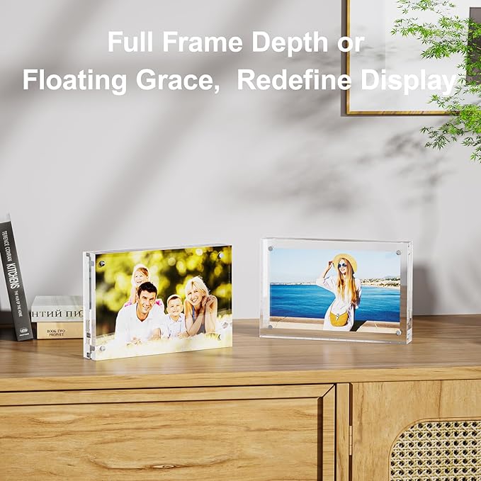 2 Pack 8x10 Acrylic Picture Frames - 20% Thicker Double Sided Magnetic Frame with UV Protection - Freestanding Clear Frameless Display for Tabletops - Modern Photo Frame Set for Home & Office Decor