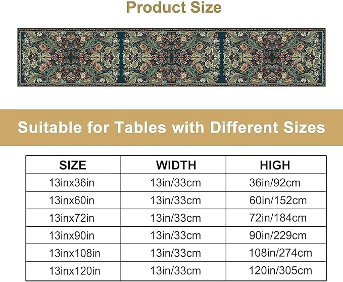 Green Morris Floral Table Runner, Boho Rustic Country Farmhouse Teal Red Rose Pattern for Home Kitchen Table Decor Dining Coffee Room Party Decor 13x108in