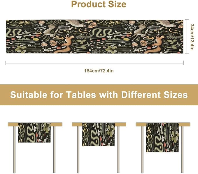 Mushroom Table Runner,Vintage Boho Forest Wild Animal Wildflower Botanical Plants Pattern Print Burlap Hotel Indoors Outdoor Dining Room Kitchen Holiday Party, 13x60in