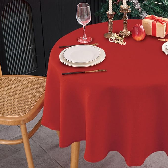 NLMUVW Red Linen Tablecloth Round, Water Resistant Textured Table Cloth Christmas Table Cover for Kitchen Dining Coffee Patry, 36 Inch