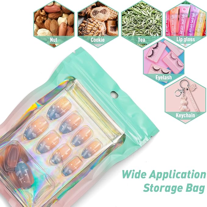 Funfery 100 Pack Gradient Holographic Bags,Mylar Resealable Bags with Zipper,Clear Window Packaging Pouchs,Smell Proof Foil Bag for Food Storage,Sample Jewelry Baggies(4.7×7In,Green Pink)