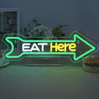 Looklight Eat Here Arrow Neon Sign Dimmale Neon Lights For Wall Decor Led Lights For Home Kitchen Restaurant Bar Party Decor USB Powered 16.6x5.5in