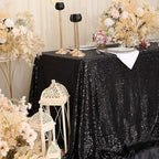 SquarePie Sequin Tablecloth 90 x 132 Inch Black Sparkly Table Linen for Halloween Wedding Party