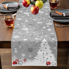 Christmas Snowflakes Cotton Linen Table Runner for Dining Kitchen, Xmas Tree Snow Winter Wedding Outdoor Party Tablerunners Decoration, Grey Balls Dresser Scarf Coffee Tablecloth Runners 13x60 Inches