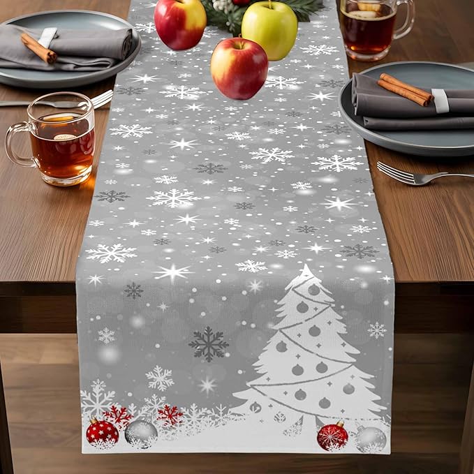 Christmas Snowflakes Cotton Linen Table Runner for Dining Kitchen, Xmas Tree Snow Winter Wedding Outdoor Party Tablerunners Decoration, Grey Balls Dresser Scarf Coffee Tablecloth Runners 13x60 Inches