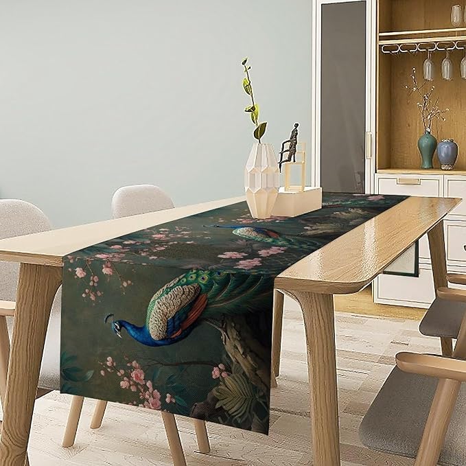 Peacock Table Runner,Vintage Aesthetic Peacock Birds Table Runner for Home Kitchen Dining Party Indoor Outdoor Decoration 13x108 Inch