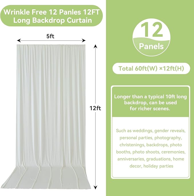 60ftx12ft Wrinkle Free Ivory Backdrop Curtain, 12 Panels 12FT Height Ivory Wedding Backdrop Drapes, Silky Polyester Back Drop Cloth for Birthday Photography Background Party Backdrop Draping