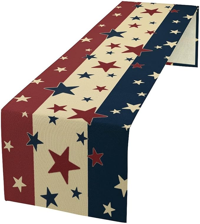 Memorial Day Table Runner, 4th of July American Patriotic Independence Day Stars Stripes Print Table Runne for Summer Holiday USA Home Decoration Party,13x70inch