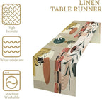 Mid Century Table Runner,Abstract Boho Plant Leaf Botanical Cat Modern Geometric Pattern Print Burlap for Hotel Indoors Outdoor Dining Room Kitchen Home Decor, 13x60in