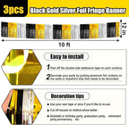 3 Pack 10 Feet Black Gold Silver Foil Fringe Garland Metallic Tinsel Streamers Banner Wall Hanging Curtain Backdrop for Parade Floats Christmas, Valentine's, Thanksgiving, Birthday Party Decorations