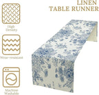 Chinoiserie Flower Table Runner, Seasonal Spring Fall Plants Blue Florals Dinner Runner for Home Kitchen Dining Table Party Holiday Decoration 13"x90"