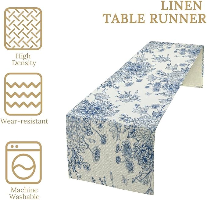 Chinoiserie Flower Table Runner, Seasonal Spring Fall Plants Blue Florals Dinner Runner for Home Kitchen Dining Table Party Holiday Decoration 13"x90"