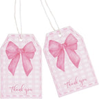 100Pcs Pink Bow Gift Tags with String Pink Buffalo Plaid Large Gift Tags with 65Ft White String Cute Thank You White Paper Tag for Coquette Birthday Baby Shower Wedding Gift Wrap Tag