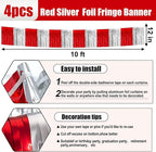 4 Pack 10 Feet Red Silver Foil Fringe Garland Metallic Tinsel Streamers Banner Wall Hanging Curtain Backdrop for Parade Floats, Wedding, Graduate, Mother's Day, Birthday Party Decoration
