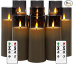 Flickering Flameless Candles Battery Operated with Remote and 2/4/6/8 H Timer Plexiglass Led Pillar Candles Pack of 9 (D2.3 xH 6" 7" 8") with Realistic Moving Wick Candles for Home Decor(Grey)