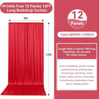 60ftx12ft Wrinkle Free Red Backdrop Curtain, 12 Panels 12FT Height Red Wedding Backdrop Drapes, Silky Polyester Back Drop Cloth for Birthday Photography Background Party Backdrop Draping