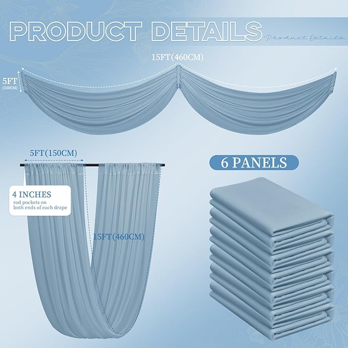 6 Panels Dusty Blue Ceiling Drapes for Wedding 5ftx15ft Ceiling Drapes Wedding Arch Draping Fabric Cheesecloth Sheer Curtain Romantic Ceiling Decorations for Weddings Party Banquet Ceremony Stage