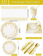 141 Pieces White Gold Party Supplies, Party Dinnerware Sets Include Paper Plates Napkins Cups Silverware, for Wedding Bridal Shower Engagement Birthday Parties Decoration -20 Serves