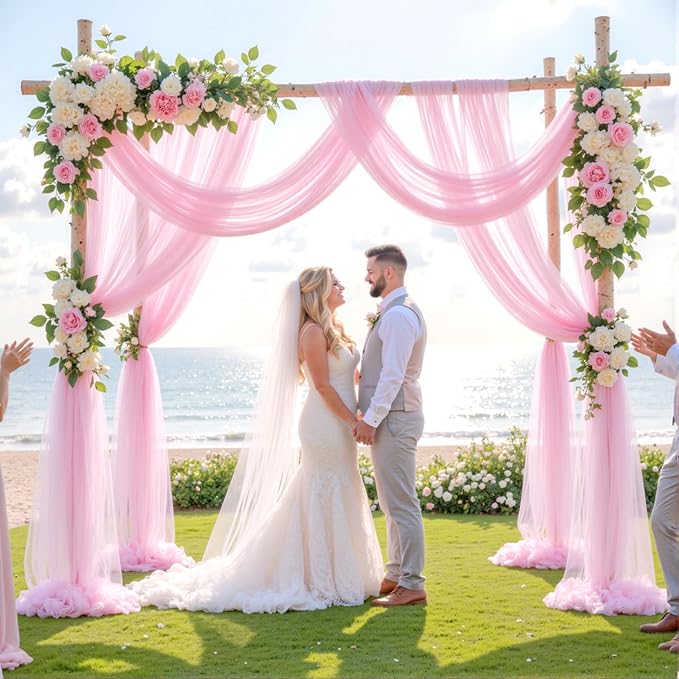 Wedding Arch Draping Fabric Backdrop 2 Panel 60" x 26Ft Pink Drapes Curtains for Wedding Reception Sheer Tulle Backdrop Curtain for Ceremony Birthday Party Baby Shower Arbor Ceiling Decorations