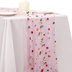 BINBE 1pcs Pink Daisy Fall Table Runner Embroidery Gauze 10FT Florals Seasonal Tulle Holiday Birthday Kitchen Dining Table Decor for Home Party
