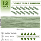 Aktor 12 Pack Sage Green Table Runner Boho Cheesecloth Table Runner Semi Sheer Gauze Fabric Runners for Wedding Birthday Baby Shower Party Boho Table Decoration（Sage Green）