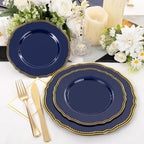Hioasis 60pcs Blue Plastic Plates - Blue and Gold Disposable Dinnerware with Gold Rim, Heavy-duty, 7.5 inch, Dessert Plates for Party & Wedding