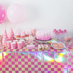 6 Pack Pink and Iridescent Checkered Plastic Tablecloth, Shiny Disposable Laser Rectangle Table Covers, Holographic Foil Tablecloth Iridescent Party Decorations for Picnic Camping Outdoor, 54x108Inch