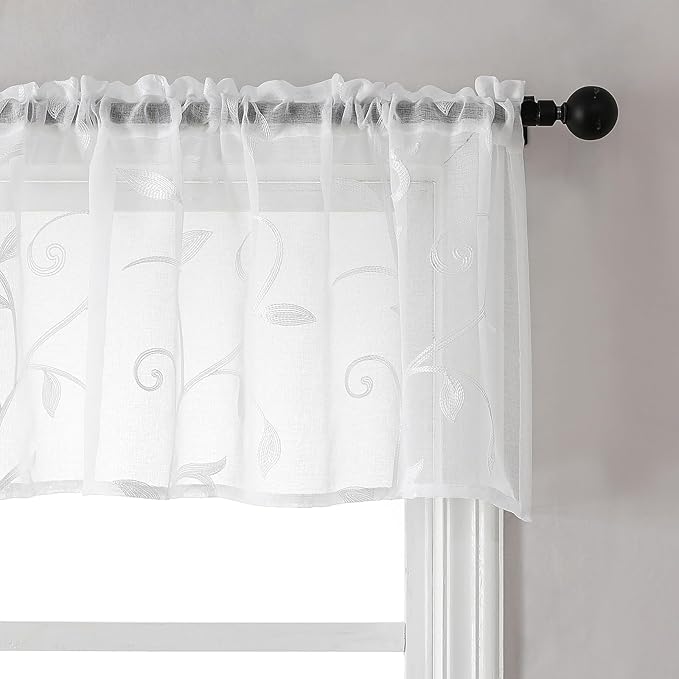 VISIONTEX Sheer Voile Curtain Valances, Decorative Leaves Embroidered, Rod Pocket Window Treatment for Kitchen/Rustic Bedroom/Living Room (54 x 16 Inch,1 Panel)