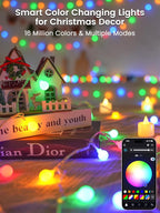 46ft Smart Color Changing Christmas Lights, 100 LED RGB Globe String Lights App Control with Remote & Timer, Music Sync Fairy Light Plug in Waterproof for Christmas Decoration Indoor Outdoor Bedroom