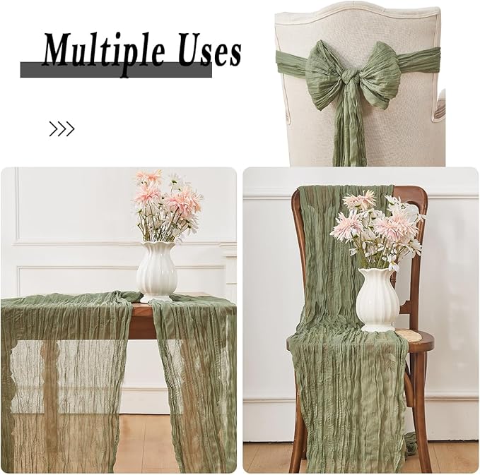 Sage Green 1 Pack Cheesecloth Table Runner 120 Inch 10 FT Boho Rustic Gauze for Wedding Baby Shower Party Farmhouse Summer Home Decor Washable