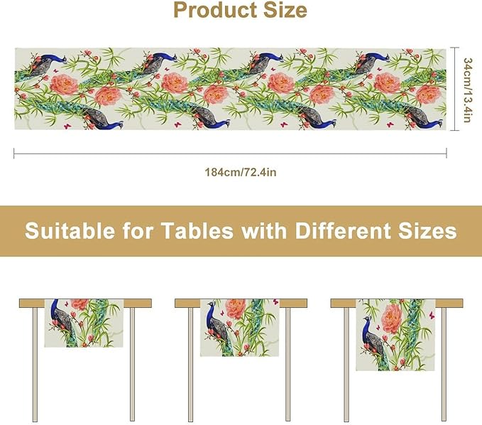 Peacock Table Runner,Seasonal Flower Plants Peacock Birds Table Runner for Home Kitchen Dining Party Indoor Outdoor Decoration 13x70 Inch