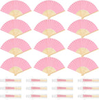 12 Pieces Pink Hand Held Bamboo Folding Fans Paper Fans Handheld for Women Foldable Girls Wedding DIY Decoration Church Home Party Favors Summer