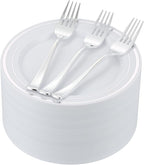 120pcs Silver Dessert Plates with Forks for 60 Guests-60pcs 7.5" Disposable Silver and White Small Plates with 60pcs 7.4" Forks-Cake/Appetizer/Salad Plate for Wedding,Birthday,Party