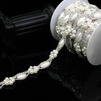 1 Yard Pearl Rhinestone Trim Chain Silver String Crystal Applique Fringe Ribbon Strips Beads Sewing Dress DIY Party Wedding Bouquet for Decoration Bridal Costume Embellishment