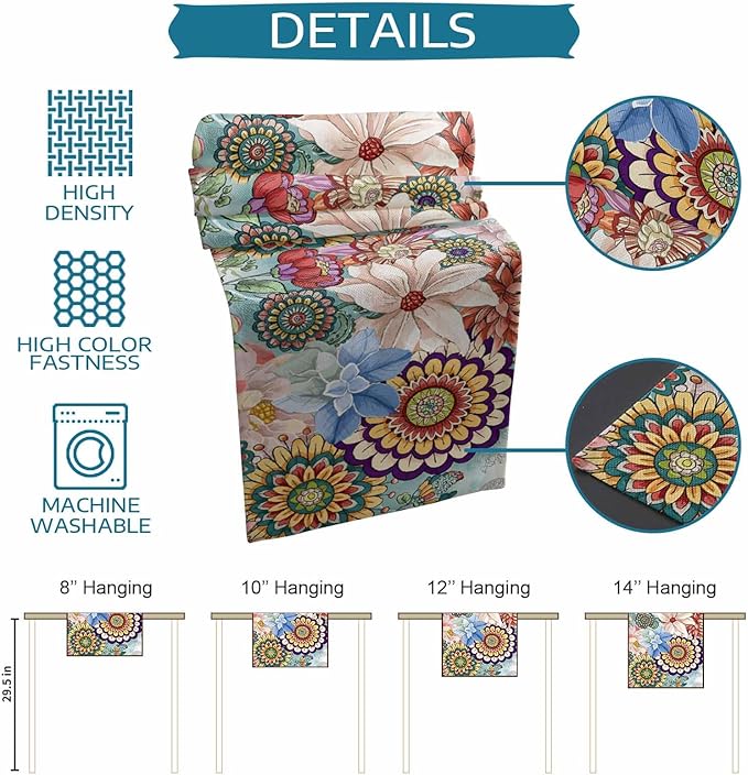 Boho Flowers Cotton Linen Table Runner for Dining Kitchen, Wedding Outdoor Party Tablerunners Decoration, Colorful Floral Farm Vintage Botanical Dresser Scarf Coffee Tablecloth Runners 13x72 Inches