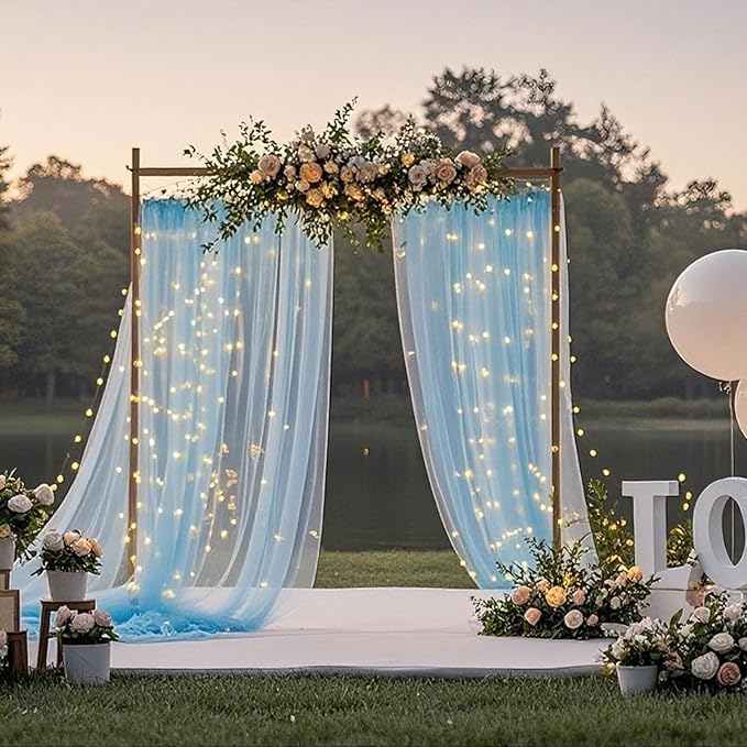 10×10ft Tulle Backdrop Curtains with Lights String - 300LED Fairy Lights Sheer Curtain Backdrop for Weddings Baby Shower and Birthday Party Decorations(8 Panels 5×10ft)