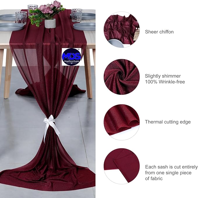 MDS Halloween Chiffon Table Runner - 5 Pack, 29 x 170 Inches, 14ft Each - Sheer Spooky Table Runners for Haunted House Parties, Trick-or-Treat Tables, Witchy Décor, Wedding & Events - Burgundy