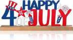 Happy 4th of July/Patriotic Metal Sign Rustic Table Decor Holiday Tiered Tray Decor with Wooden Base Freestanding Metal Word Sign for Home Tabletop Centerpiece Mantel Shelf Fireplace