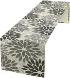 Gray Dahlia Flower Table Runner, Vintage Modern Linen Geometric Pattern Floral Table Runner Spring for Farmhouse Kitchen Dining Party Holiday Party, 13x70 Inch