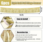 6 Pack 10 Feet Light Gold Foil Fringe Garland Metallic Tinsel Streamers Banner Wall Hanging Curtain Backdrop for Parade Floats, Birthday, Graduate, Mother's Day, Wedding Party Decoration