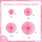 20 Pcs Pink Hanging Paper Fan, Hanging Honeycomb Round Paper Fans for Weddings, Birthdays, Christmas, Baby Showers, Classroom, Events Ceiling Party Supplies Decorations