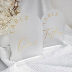 JINMURY Frosted Arch Wedding Table Numbers 1-15 with Stands, 5x7 Inch Acrylic Arch Sign with Golden Lettering, Frosted Acrylic Table Numbers for Wedding Reception