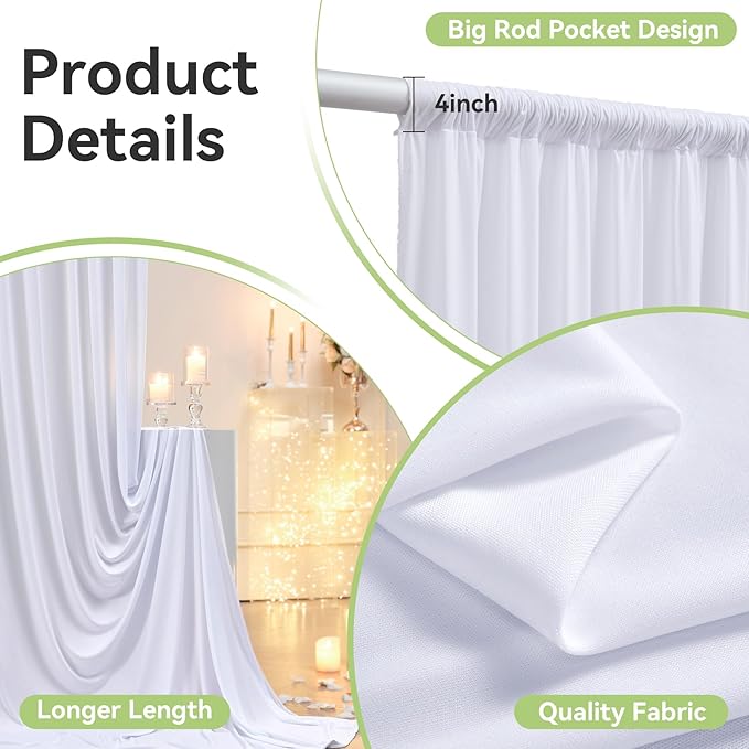 50ftx15ft Wrinkle Free White Backdrop Curtain, 10 Panels 15FT Height White Wedding Backdrop Drapes, Silky Polyester Back Drop Cloth for Birthday Photography Background Party Backdrop Draping