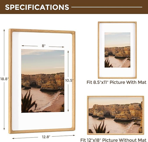12x18 Frame USA-Sourced Natural Oak Wood Solid Wood Photo Frame Handcrafted Rounded Corner with Mat to 8x12 Picture Display with Real Glass Family Picture, Wedding Photo, Certificate