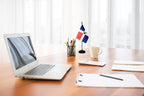 Dominica Dominican Deluxe Desk Flag Set Small Mini Miniature Dominica Dominican Table Desktop Flags With Solid Pole, Black Base and Spear Top(2 Pack)
