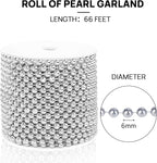 Craft String Pearls 6MM Pearl Bead, 66 Feet Silver Faux Pearl Garland Spool Roll Strand Wedding Party Decoration, Christmas Tree Decorations
